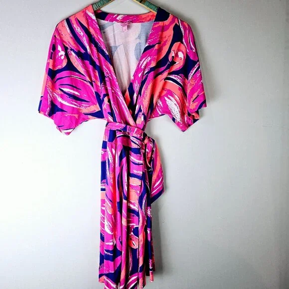 Lilly Pulitzer Amoritta Wrap Dress in Bomber Blue Plume, Bright Colors, Size S - Picture 3 of 10